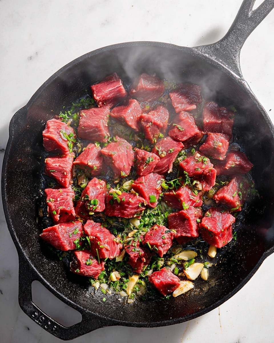 A black cast iron skillet holds pieces of raw red meat, cut into small cubes, cooking alongside chopped green herbs and bits of garlic spread unevenly around the pan. The meat shows a mix of bright red and light brown where it begins to cook, with a slight shine from the oil underneath. The skillet sits on a white marbled surface with steam rising gently from the hot pan. photo taken with an iphone --ar 4:5 --v 7