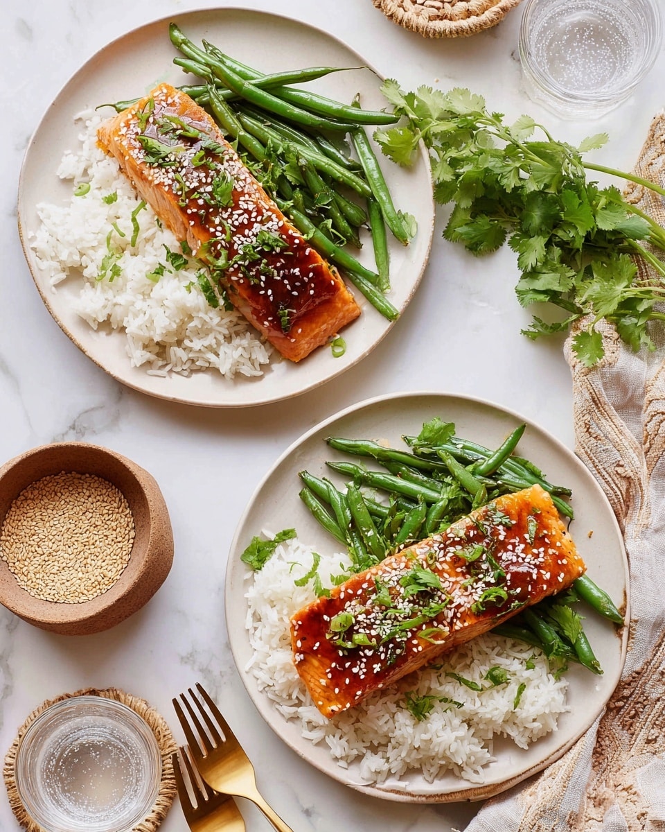 Two white plates on a white marbled surface each hold a meal with three layers. The bottom layer is a bed of white rice with a fluffy texture. On top of the rice, there is a layer of cooked green beans that look slightly shiny and tender. The top layer features a thick, glazed piece of salmon with a golden-brown cooked surface, sprinkled with white sesame seeds and chopped green herbs. A small bunch of fresh cilantro rests beside the salmon on each plate. Around the plates, there are small items like a light brown bowl filled with sesame seeds, a glass of water with a woven coaster, and two gold forks resting on a beige and white patterned cloth. Photo taken with an iphone --ar 4:5 --v 7