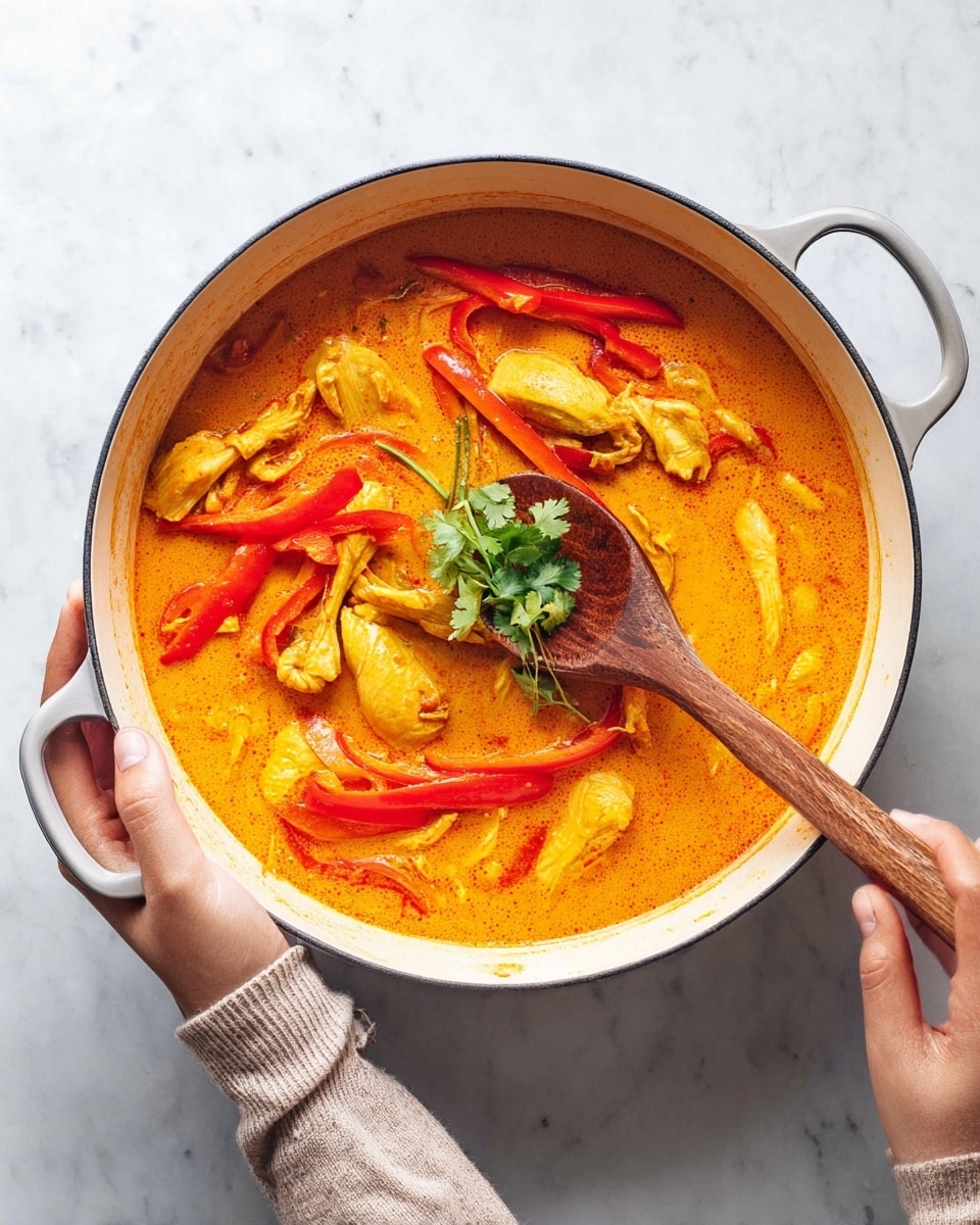 A white round plate with a black rim holds two main layers: on the left side, a pile of fluffy white rice with separate grains, and on the right side, a creamy orange curry sauce covering several golden pieces of cooked chicken and strips of red bell pepper. The curry has a smooth texture with scattered green onion slices and a small bunch of fresh cilantro on top. A black fork rests on the right edge of the plate, partly submerged in the curry. The plate sits on a white marbled surface. Photo taken with an iphone --ar 4:5 --v 7