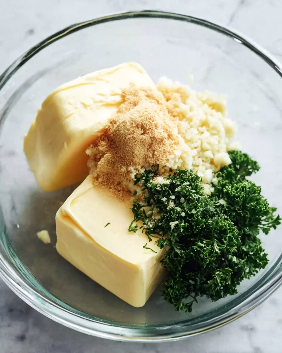 A clear glass bowl on a white marbled surface holds two large pale yellow blocks of butter at the center. On top and beside the butter, there is a heap of light brown minced garlic, a small mound of finely chopped fresh green herbs, and a sprinkle of tan-colored powder. The herbs look fresh with leafy texture, and the garlic appears finely minced with a soft, moist look. The ingredients are separated but close together, clearly showing their different colors and textures. photo taken with an iphone --ar 4:5 --v 7