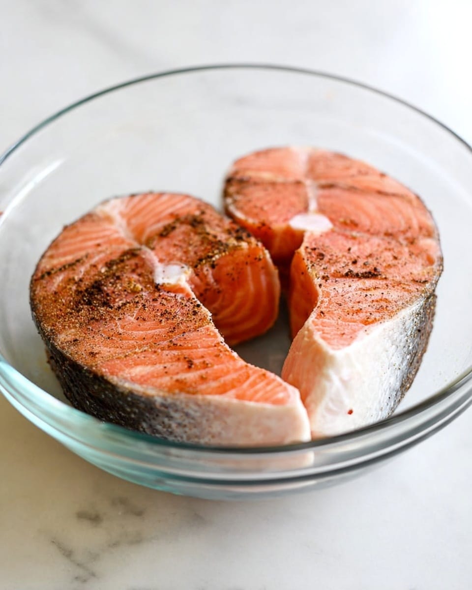 The image shows two raw salmon steaks in a clear glass bowl set on a white marbled surface. Each steak is a thick slice with a pinkish-orange color and white fatty edges. The surface of the fish is sprinkled with black pepper and other visible seasonings, giving it a slightly rough texture. The bowl is round and transparent, making the focus clearly on the fresh salmon inside. photo taken with an iphone --ar 4:5 --v 7