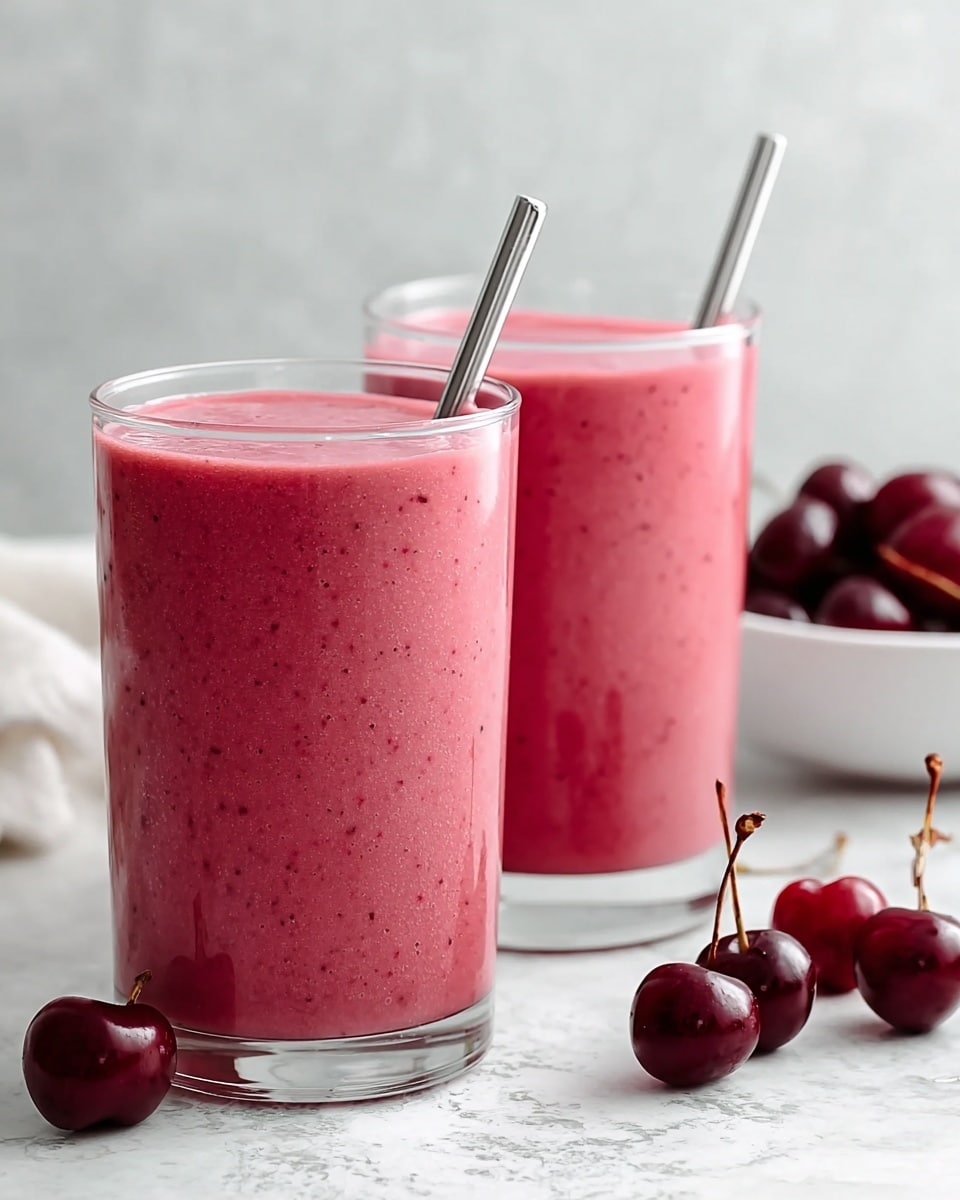Two clear glasses filled with smooth, thick, bright pink smoothie are shown side by side. Each glass has a shiny silver straw placed near the edge, rising above the top of the smoothie. The background and surface are white marbled texture. To the right, some fresh dark red and bright red cherries with stems lie on the surface, while a white bowl with more cherries is blurred in the background. The smoothie texture looks creamy with tiny bubbles and small fruit bits visible. Photo taken with an iphone --ar 4:5 --v 7