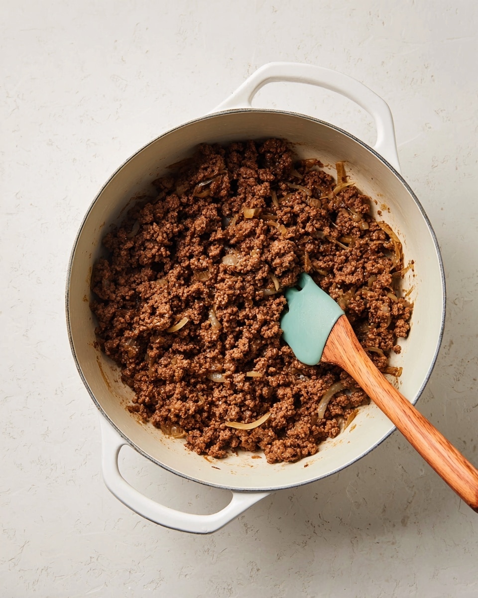 A white pot with two handles holds cooked ground meat mixed with small pieces of cooked onions, the meat is brown with a soft, crumbly texture. Inside the pot, a wooden spoon with a small turquoise silicone head rests slightly buried in the meat near the right side. The pot sits on a white marbled surface with a clean, simple background. photo taken with an iphone --ar 4:5 --v 7