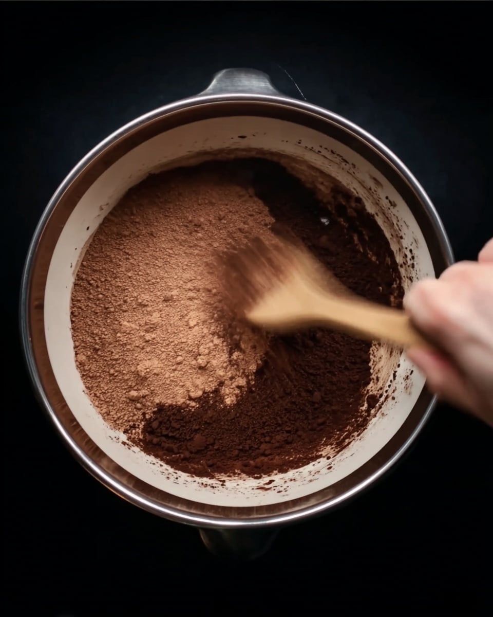 A silver mixing bowl with white inside is shown from above, containing a layer of dark brown cocoa powder spread unevenly at the bottom. A woman's hand is holding a light wooden spoon, stirring the cocoa powder, creating a blurry motion effect. The background is entirely black, making the bowl and spoon stand out clearly. photo taken with an iphone --ar 4:5 --v 7