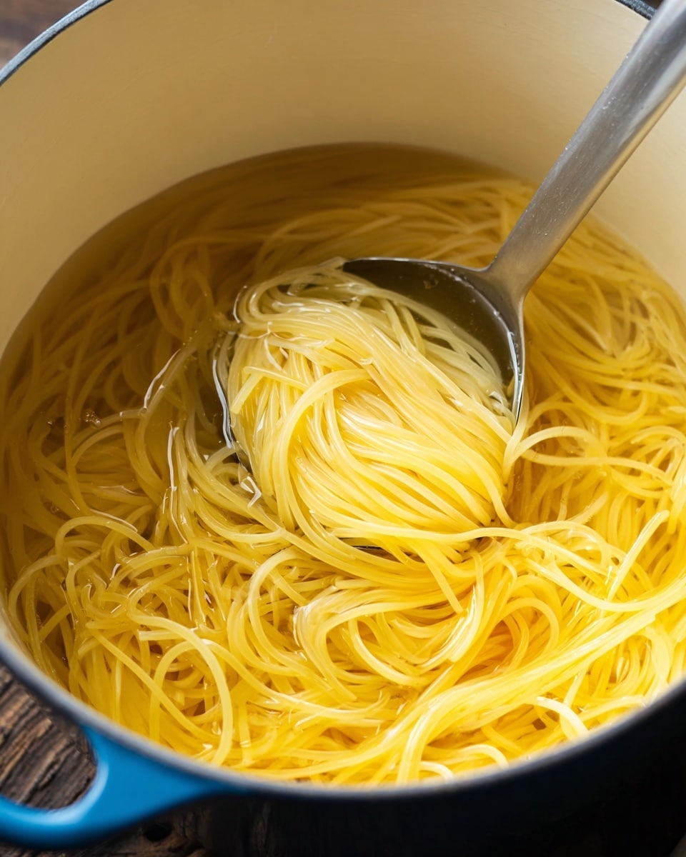 The image shows a close-up of a large pot filled with long, thin yellow spaghetti noodles cooking in clear water. The spaghetti strands are floating and slightly swirled around a metal pasta spoon that is inside the pot, lifting and holding some noodles above the water. The pot has a light cream inside and a blue outer rim, sitting on a wooden surface. The noodles look glossy and soft as they soak in the water. Photo taken with an iphone --ar 4:5 --v 7