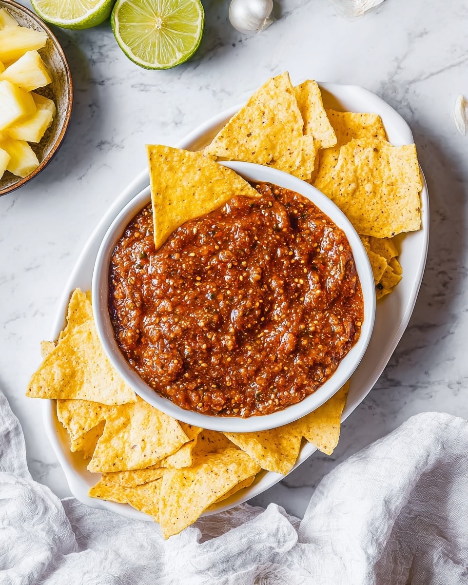 A white divided plate holds a thick layer of reddish-brown salsa filled with seeds and small textured bits in the larger section. The salsa has a shiny, slightly chunky surface with one pale yellow triangular chip dipped partially into it, standing upright. Surrounding the salsa, the plate's smaller sections are filled with light yellow, crispy tortilla chips, layered unevenly with rough, crisp textures. The plate is set on a white marbled surface, accompanied by a white cloth below and some lime, garlic, and sliced pineapple nearby. Photo taken with an iphone --ar 4:5 --v 7