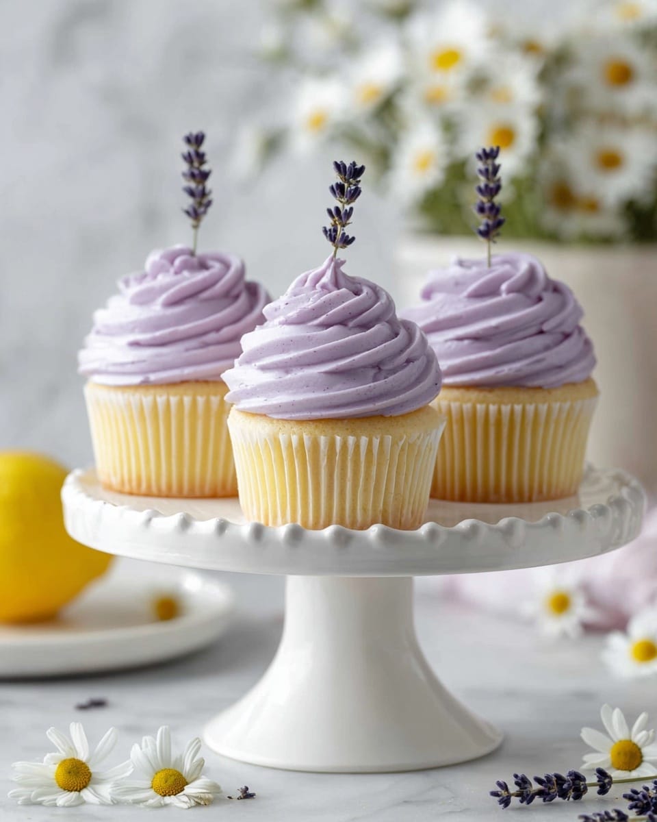 The image shows three vanilla cupcakes with two layers: the bottom layer is a light yellow cake with a smooth texture, and the top layer is a swirl of light purple frosting with a creamy and slightly textured look. Each cupcake is decorated with a small sprig of lavender stuck upright in the frosting. The cupcakes sit on a white, fluted cake stand with a smooth, glossy finish. The background is a soft-focus white marbled surface with a bunch of white daisies and yellow lemon blurred in the distance. Additional small daisies are placed around the base of the cake stand, adding a fresh and delicate touch. Photo taken with an iphone --ar 4:5 --v 7