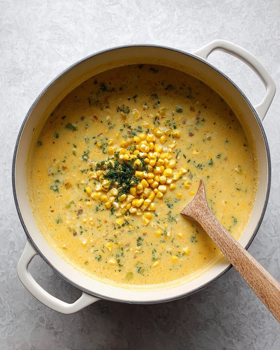 A white pot filled with creamy yellow soup that has small bits of vegetables mixed inside, with a small pile of whole yellow corn kernels and some chopped green herbs sitting on top in the middle, and a wooden spoon resting inside the soup on the left side. The pot is placed on a white marbled surface. Photo taken with an iphone --ar 4:5 --v 7