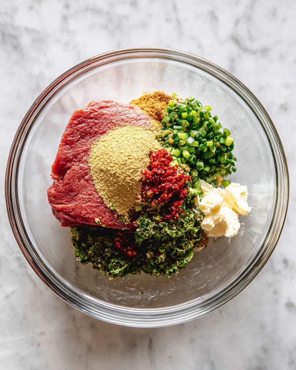 In a clear glass bowl on a white marbled surface, several colorful ingredients are arranged side by side without mixing, showing clear layers: a large piece of raw red meat with a slightly textured surface on the left, golden-brown dry powder above it, bright green finely chopped herbs and scallions on the right, small red chili pieces scattered in the upper right area, a small dollop of creamy white mayonnaise near the center, and light yellow grated ginger or garlic pieces beside the red chili. The photo taken with an iphone --ar 4:5 --v 7