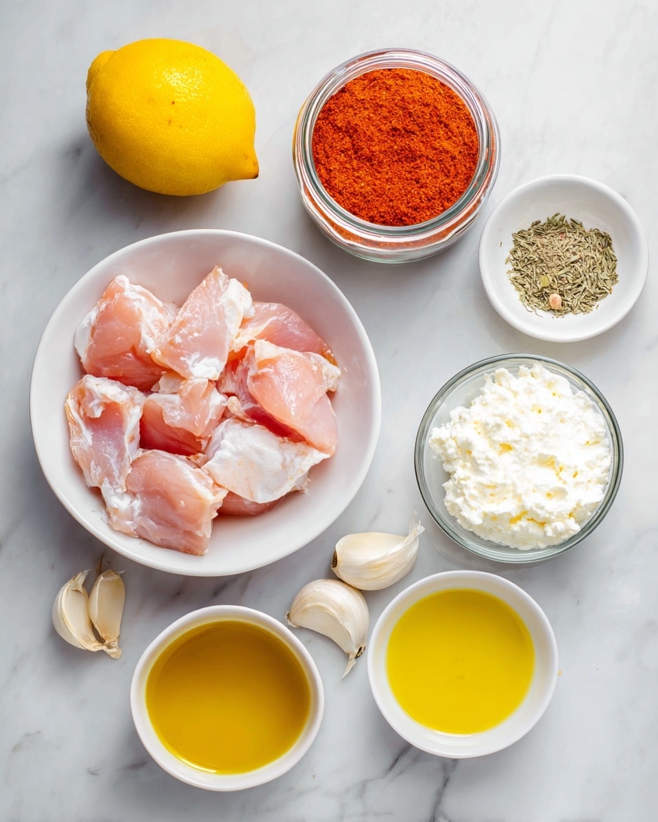 The image shows raw chicken pieces in a white bowl at the bottom left. Above it, there is a clear glass jar filled with bright red spice, and to the top right, a small white bowl with dry herbs. To the right of the chicken bowl, there is a clear glass bowl filled with white creamy cheese, and below it two small white bowls containing golden honey and yellow oil, respectively. At the top left, a whole lemon is placed and near the bottom right there are three garlic cloves on a white marbled surface. Photo taken with an iphone --ar 4:5 --v 7
