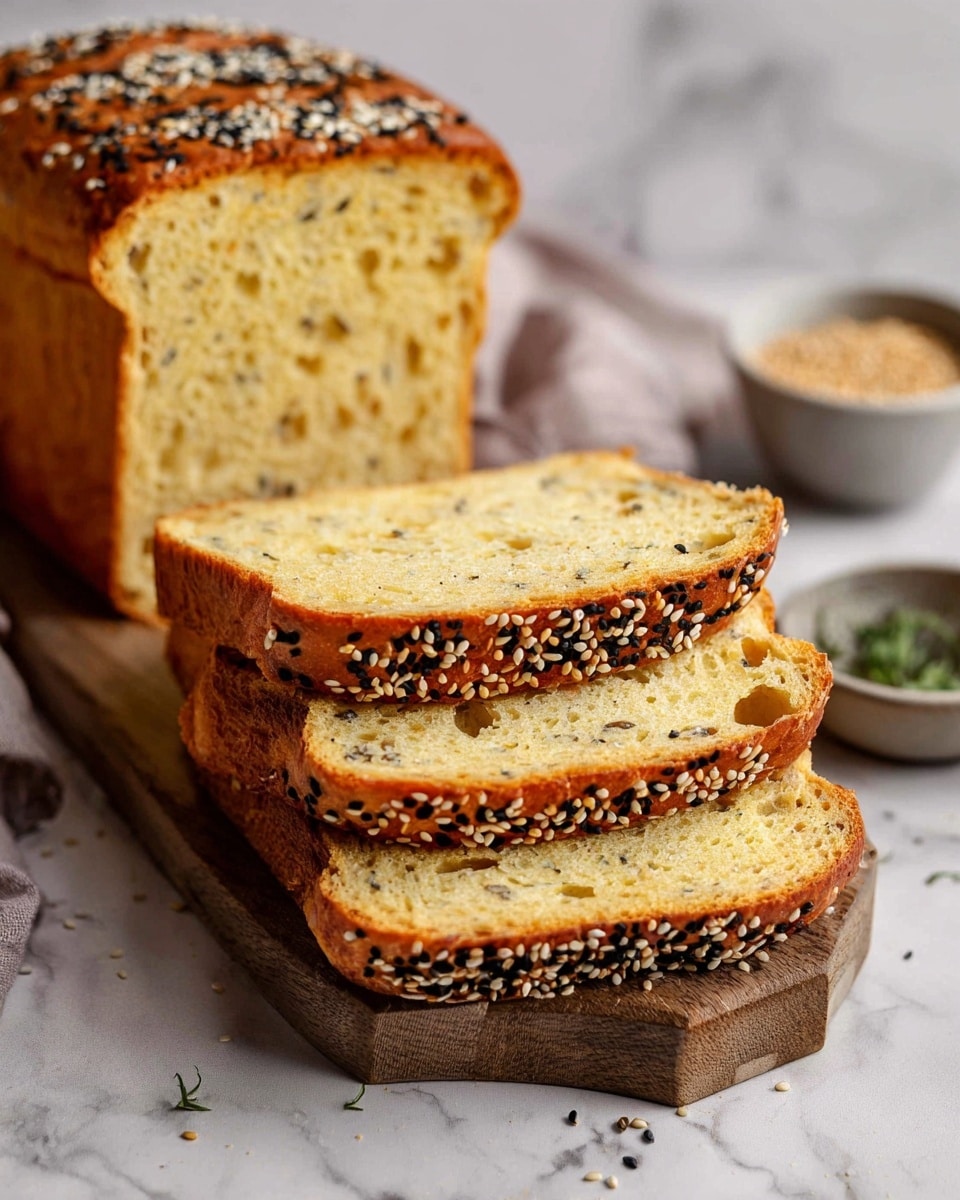 The image shows five slices of golden-brown bread with a slightly textured crust topped with black and white sesame seeds. The slices are arranged in a row, leaning against each other on crumpled white parchment paper. The bread's inside is light-yellow with small holes and parts of shredded ingredients visible. In the background, there is a small wooden bowl with an orange spread and some green herbs on a white marbled surface. A beige and white checked cloth is partially visible on the upper left side. Photo taken with an iphone --ar 4:5 --v 7