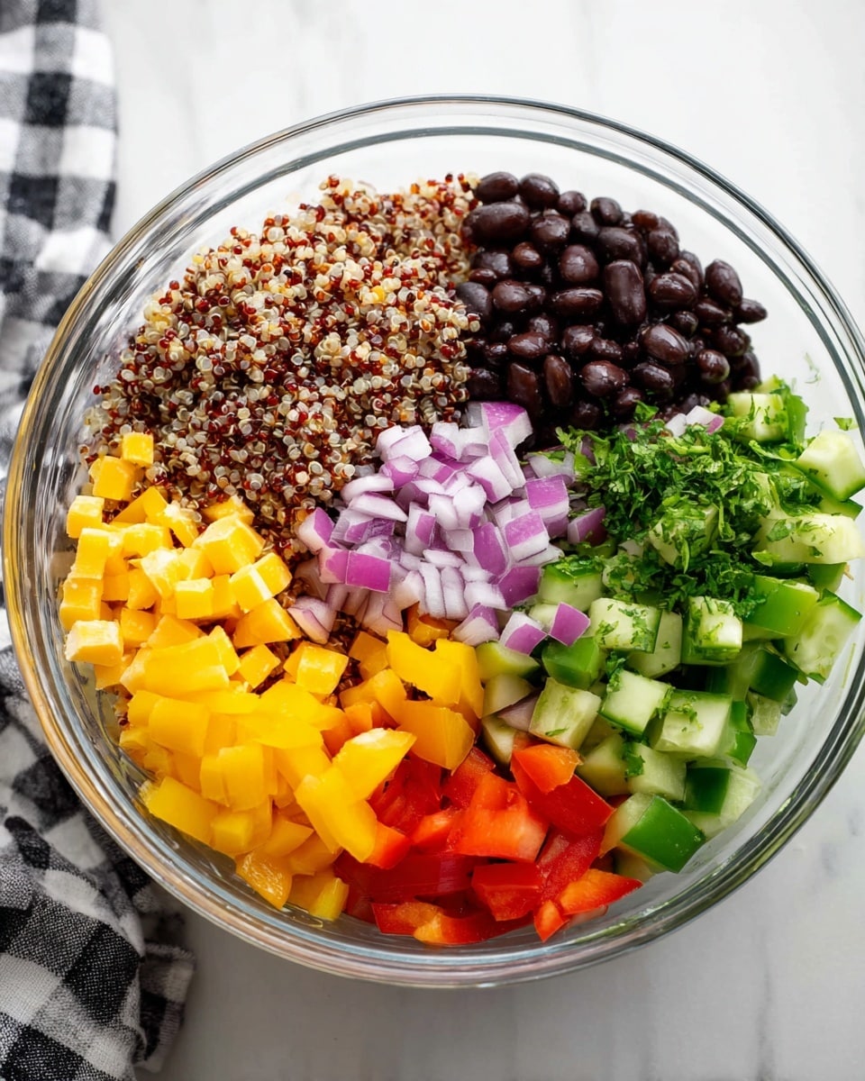 A clear glass bowl holds a colorful mix of fresh ingredients neatly arranged in separate sections. On the bottom layer, there is a tripled mix of white, red, and black quinoa with a light, grainy texture. On top of this is a layer of small, yellow cheese cubes near the bottom left. To the right of the cheese is a chopped green bell pepper, vibrant and fresh. Above this, there are bright yellow bell pepper pieces that look crisp. Near the center, finely chopped red onions add a touch of purple and white. Black beans, smooth and shiny, are placed towards the top center, whereas fresh diced cucumber occupies the right edge with a green and light green contrast. Some green herbs sprinkled over the onions add an extra touch of freshness. The bowl sits on a white marbled surface with a black and white checkered cloth in the background. photo taken with an iphone --ar 4:5 --v 7
