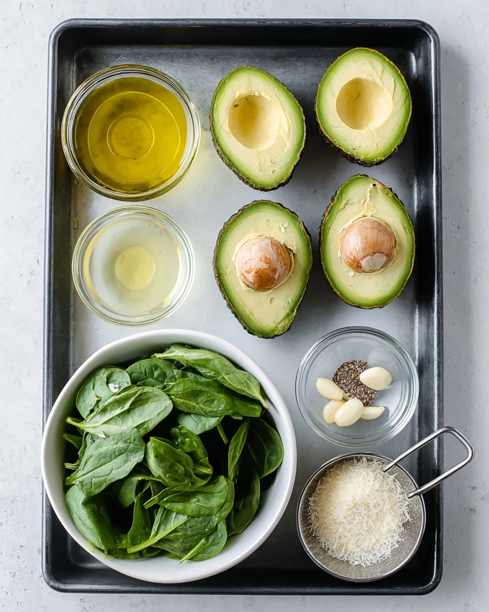 The image shows a black tray placed on a white marbled surface holding fresh ingredients neatly arranged. There are four avocado halves on the top right, two with green flesh and brown seeds, and two with just the green flesh where the seeds are missing, all with dark green outer skin. To the left of the avocados is a small jar filled with yellowish oil. Below the jar is a white bowl filled with fresh green leafy spinach. To the right of the spinach bowl, there are three small clear and white dishes; one holds a light yellow liquid, another has small white garlic pieces, while a third one contains a mix of ground pepper and pink salt. At the bottom right corner is a small metal measuring cup filled with finely grated white cheese. The setup is clean and bright with a natural light reflection. Photo taken with an iphone --ar 4:5 --v 7