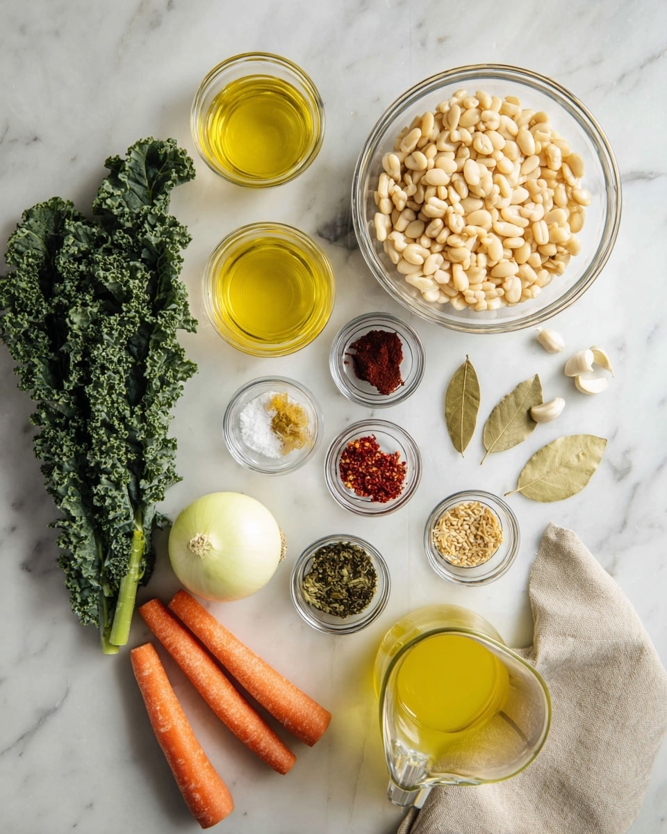 The image shows ingredients neatly arranged on a white marbled surface. In the top right corner, there is a clear glass bowl filled with pale beige beans. To the left of the bowl are two small clear glass cups with golden and light yellow liquids. A whole white onion sits below these cups. A bunch of bright green kale lies in the bottom left corner, next to two whole orange carrots and a single celery stick. Around the center and right are eight small clear glass bowls, each holding different spices: dark red paste, salt, black pepper, green herbs, dried leaves, and red chili flakes. Near these are four garlic cloves and two bay leaves. In the foreground at the bottom right, a clear glass jug holds a yellow liquid. A beige cloth is placed beside the jug. Photo taken with an iphone --ar 4:5 --v 7