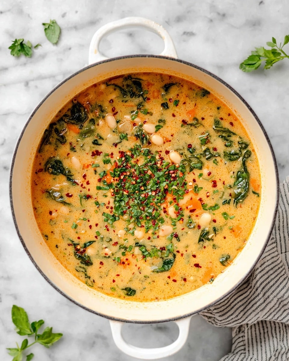 A white bowl filled with thick soup showing layers of soft white beans, bright orange carrot slices, and green leafy herbs mixed in a light brown broth. The top has scattered red flakes and chopped green herbs. A silver spoon rests inside the bowl. Nearby on the white marbled surface, there are pieces of bread with a golden toasted crust and two small white bowls, one of finely chopped green herbs and the other with red chili flakes. A light beige cloth napkin is softly folded to the right. Photo taken with an iphone --ar 4:5 --v 7