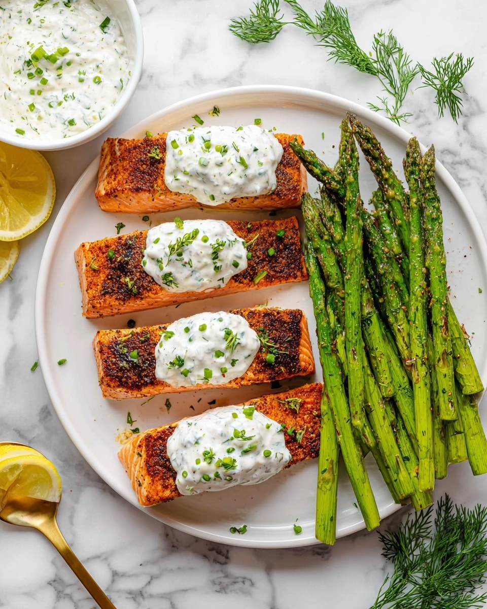 The image shows a white plate with four rectangular pieces of cooked salmon, each piece topped with a dollop of white creamy sauce sprinkled with small green herb bits. The salmon is golden orange with a slightly dark crust, giving a textured look. On the right side of the plate, there is a bunch of green asparagus, some with a light char and sprinkled with herbs. On the left side, there are two lemon wedges and a small white bowl filled with the same creamy herb sauce next to a golden spoon. The plate sits on a white marbled surface with sprigs of green herbs around. Photo taken with an iphone --ar 4:5 --v 7
