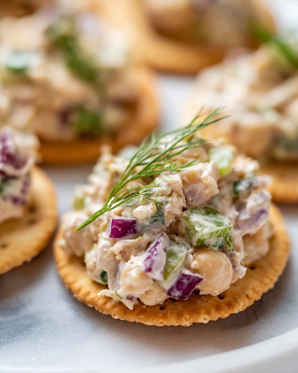 The image shows a close-up of a snack with a round golden cracker as the base. On top of the cracker, there is a thick layer of a creamy chickpea salad mixed with small pieces of green celery and purple-red onion chunks. Small green dill sprigs are placed on top, adding a fresh touch. The crackers are placed on a white marbled surface, and the textures of the salad look soft but chunky with a mix of beige, green, and purple colors. Photo taken with an iphone --ar 4:5 --v 7