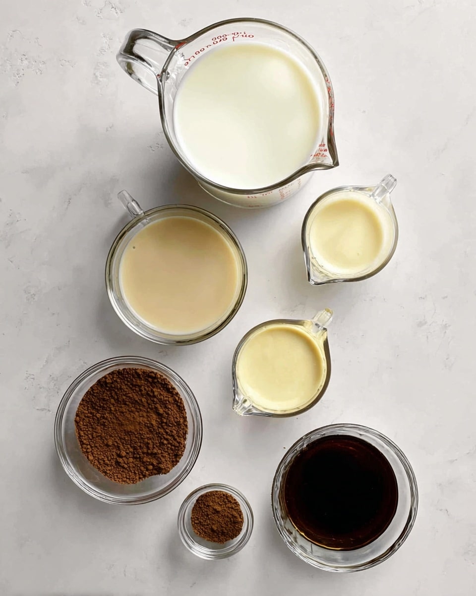 The image shows six small glass bowls and measuring cups arranged on a white marbled surface. The largest measuring cup is filled with white milk and is placed on the left top side. Below it, another measuring cup holds a creamy beige liquid. To the right of it, there is a smaller glass cup with a light yellow liquid. Above it is a small glass bowl with brown powder. Another small glass bowl with darker brown powder is placed below the milk. On the bottom right is a small glass bowl with a dark brown liquid. photo taken with an iphone --ar 4:5 --v 7