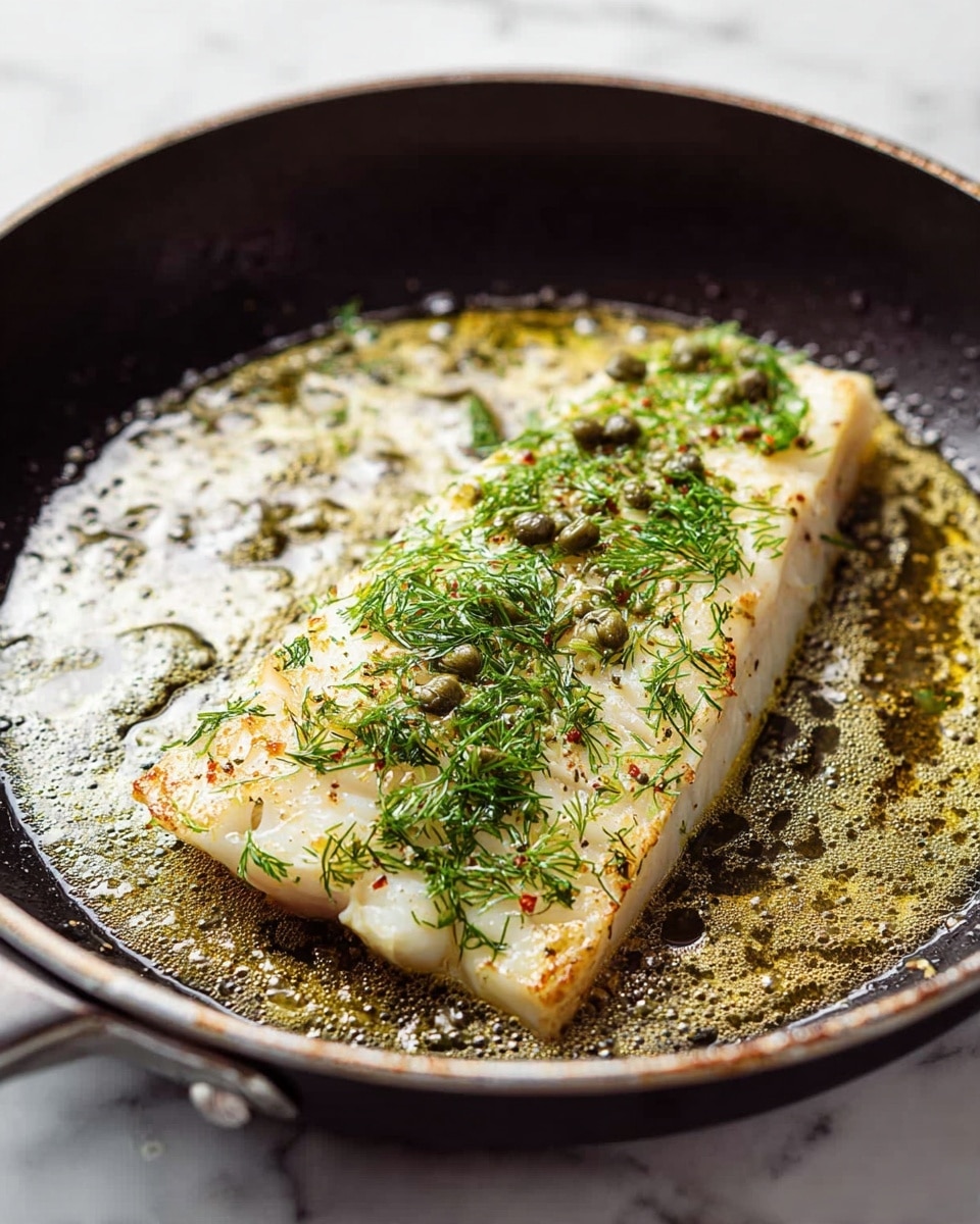A cooked white fish fillet with a smooth texture lies flat in a black frying pan; it is covered with small green herb sprigs, possibly dill, and sprinkled with green capers. The fish is light golden with some small brown sear marks, surrounded by bubbling melted butter with flecks of seasoning, creating a shiny, oily surface around the fillet. The pan sits on a white marbled surface, providing a clean background. photo taken with an iphone --ar 4:5 --v 7