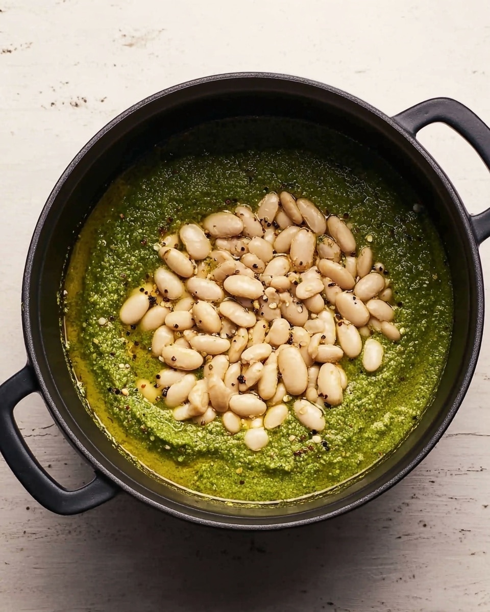 A black pot filled with two visible layers: the bottom layer is a thick green sauce with a coarse texture, likely made of herbs and oil, covering the entire base of the pot. On top, there is a cluster of white beans evenly spread in the center, coated lightly with the sauce and speckled with small bits of black pepper. The pot is placed on a white marbled surface, with its handles visible on both sides of the frame. photo taken with an iphone --ar 4:5 --v 7