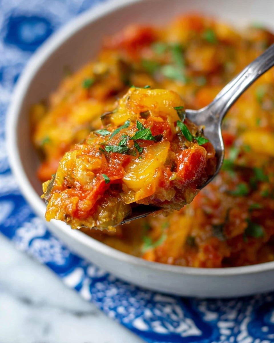 A close-up of a spoonful of thick vegetable stew held over a white bowl, showing a mix of soft orange, red, and light brown cooked vegetables with small pieces of fresh green herbs sprinkled on top. The dish looks chunky and moist with visible tomato bits and soft texture of cooked peppers or squash. The scene is set on a white marbled surface with blue patterned cloth partially visible. The spoon is silver and shiny with some thickness in the stew falling off slightly at the sides photo taken with an iphone --ar 4:5 --v 7