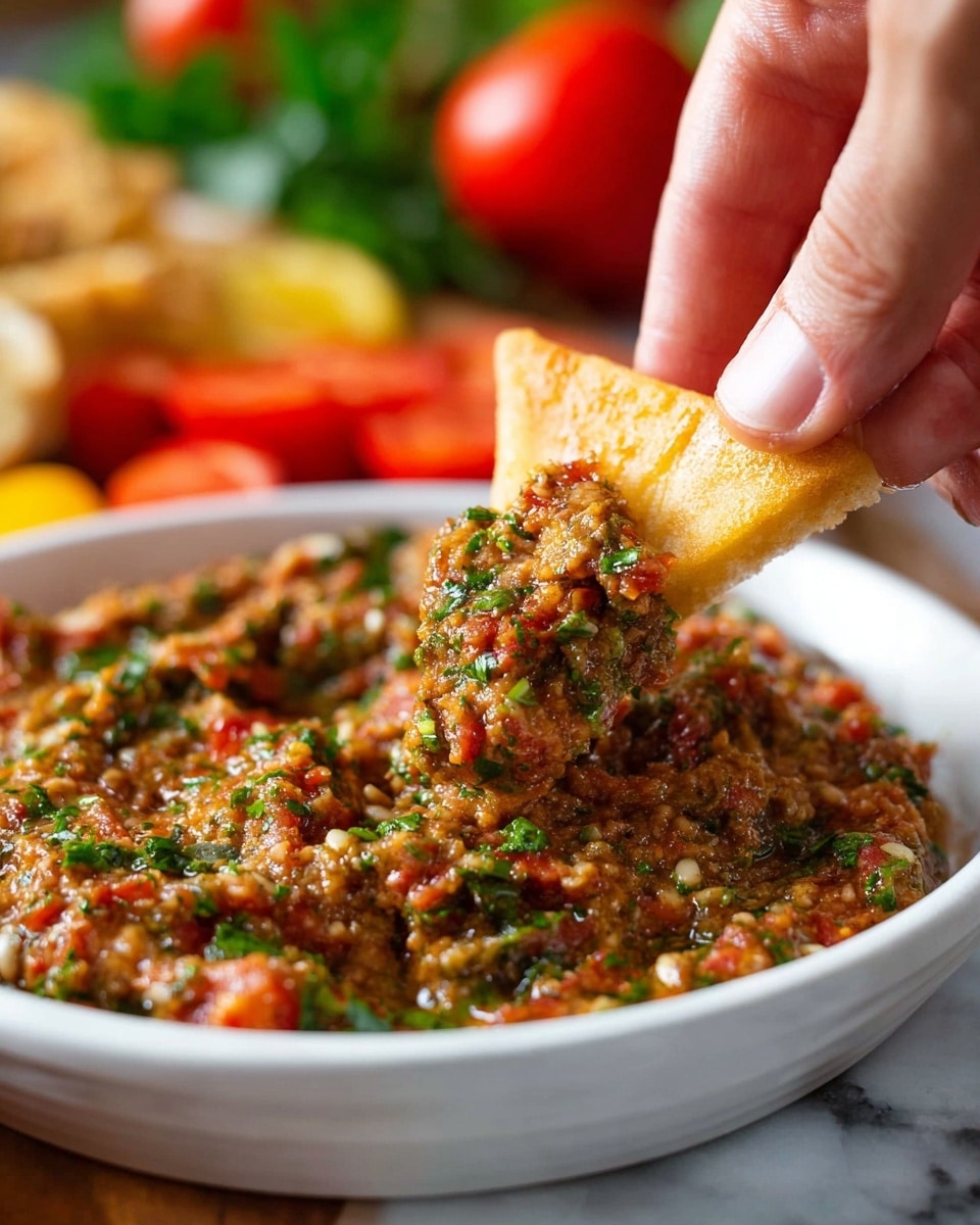 A close-up view of a white round plate filled with a thick, textured dip made of finely chopped red and green vegetables and herbs, showing layers of small seeds and leafy bits in a smooth but chunky mix. A woman's hand is holding a triangular piece of golden, slightly crisp bread dipped into the mixture, lifting it above the plate. In the blurred background, bright red tomato halves and green leaves are visible on a white marbled surface. Photo taken with an iphone --ar 4:5 --v 7