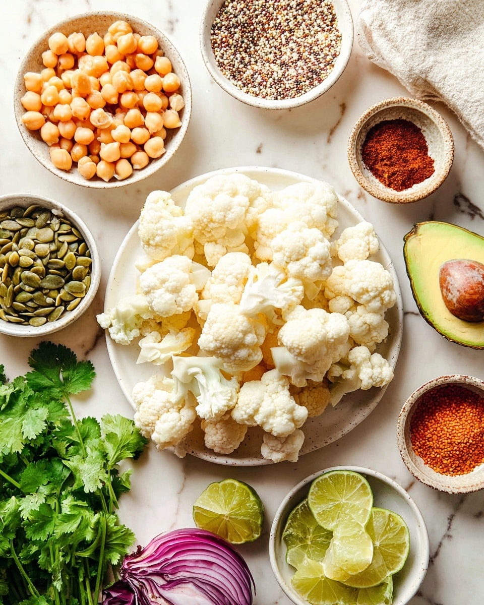 The image shows a top view of various fresh ingredients on a white marbled surface. In the center is a white plate filled with light cream-colored cauliflower florets. Surrounding it are small white bowls holding green pumpkin seeds, beige chickpeas, triple-colored quinoa, and spices in red, brown, and orange shades. A halved green avocado with its seed, a bunch of fresh green cilantro leaves on a white plate, a halved purple onion, and lime wedges on a white plate are also arranged around the cauliflower, all captured with bright natural light. Photo taken with an iphone --ar 4:5 --v 7