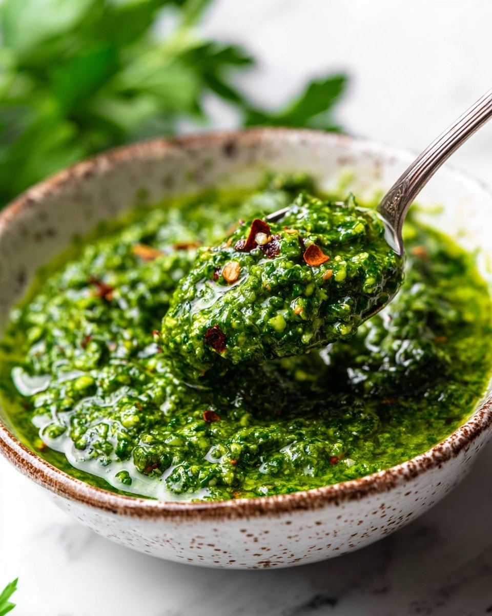 A close-up view of a thick green sauce or dip in a round white bowl with a brown rim. The sauce has a slightly chunky texture with visible green herbs and small bits, giving it a fresh and vibrant look. There is a small bunch of fresh green cilantro leaves placed on top near the center as garnish, and tiny red chili flakes scattered around. A silver spoon with a simple pattern is partially submerged on the right side of the bowl. The bowl sits on a white marbled surface with soft lighting that highlights the sauce’s shiny surface. photo taken with an iphone --ar 4:5 --v 7