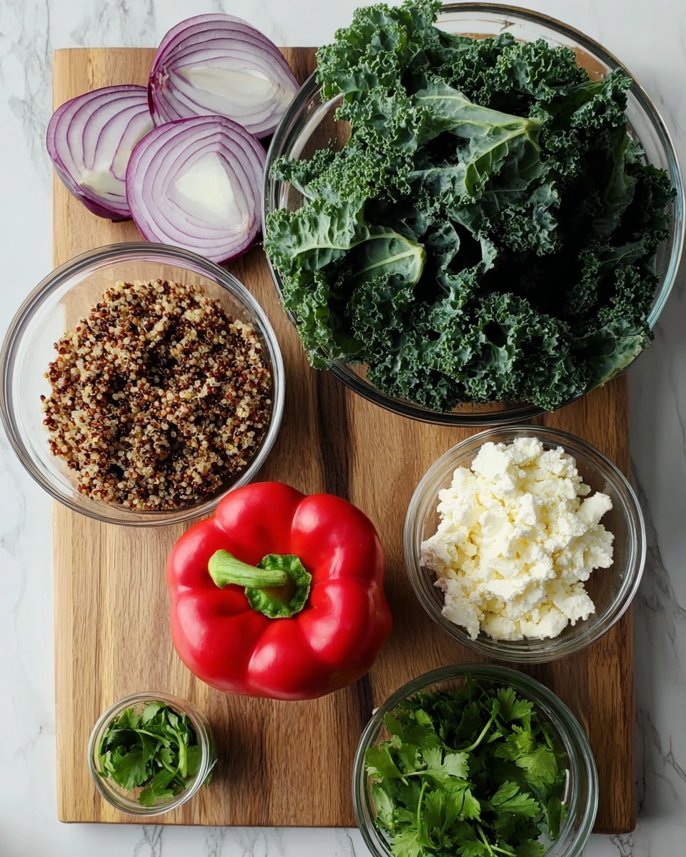 The image shows several ingredients arranged on a wooden board placed on a white marbled surface. On the board, there is a large clear glass bowl filled with dark green curly kale leaves. To the right of the kale is a smaller clear glass bowl filled with white crumbly cheese. Below the kale, there is a whole bright red bell pepper with a green stem. To the left of the pepper, a clear glass bowl contains a mix of cooked quinoa in shades of brown, red, and white. Below the quinoa is a smaller clear glass bowl filled with fresh green cilantro leaves. On the top left of the board, there are two halved purple onions showing their white and purple layers inside. photo taken with an iphone --ar 4:5 --v 7