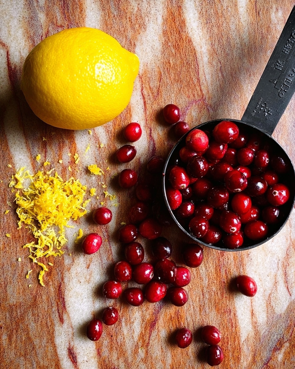 The image shows a close-up view of a white marbled surface with a whole lemon at the top left, bright yellow lemon zest scattered beside it, and fresh, shiny red cranberries scattered across the surface and inside a black metal measuring cup positioned on the right. The lemon zest is finely grated and piled loosely next to the lemon. The cranberries vary in size and are glossy, adding a fresh and vibrant red contrast to the yellow zest and the neutral marbled background. Photo taken with an iphone --ar 4:5 --v 7