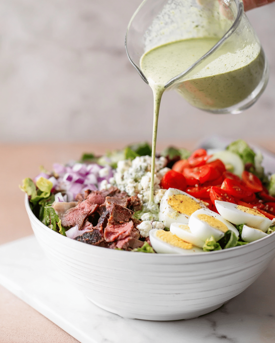 A white bowl filled with a fresh salad sits on a white marbled surface. The salad has mixed green leaves as the base, with layers on top including bright red cherry tomatoes on the right, sliced hard-boiled eggs beside them, chopped grilled meat pieces scattered in the center, crumbled white cheese near the meat, red bell pepper slices on the front left, and some purple onion pieces in front. A woman's hand is pouring a creamy green dressing from a clear measuring cup over the salad. The background is softly blurred with a white marbled texture. photo taken with an iphone --ar 4:5 --v 7
