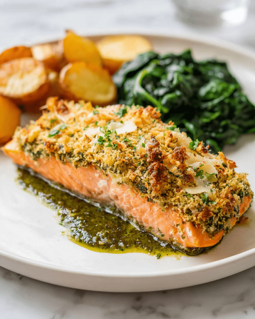 Pesto Salmon with Parmesan Breadcrumb Topping Recipe
