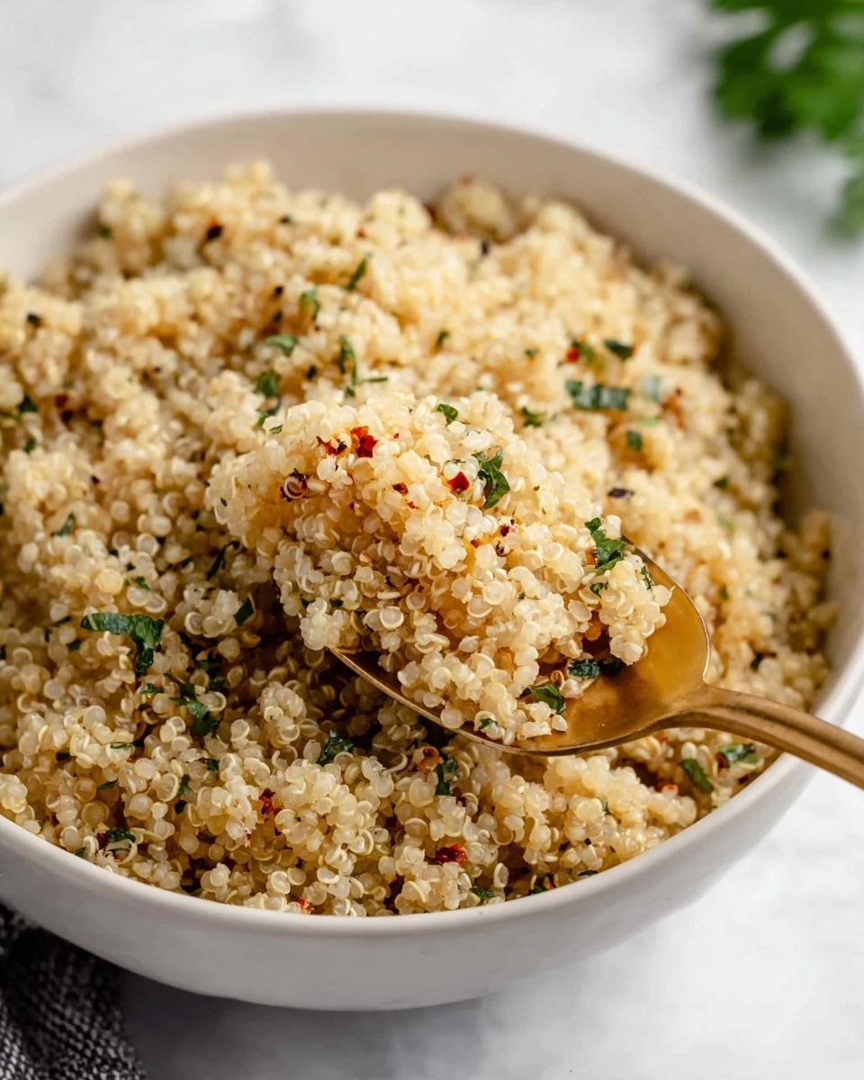 A close-up image of a white bowl filled with light beige quinoa, with each grain visible and fluffy in texture. The quinoa is sprinkled evenly with small green herb pieces and tiny red and black seasoning bits. A gold spoon scoops a portion from the bowl, showing the quinoa's soft, slightly translucent grains. The background is a white marbled surface with some green leaves blurred in the distance. photo taken with an iphone --ar 4:5 --v 7