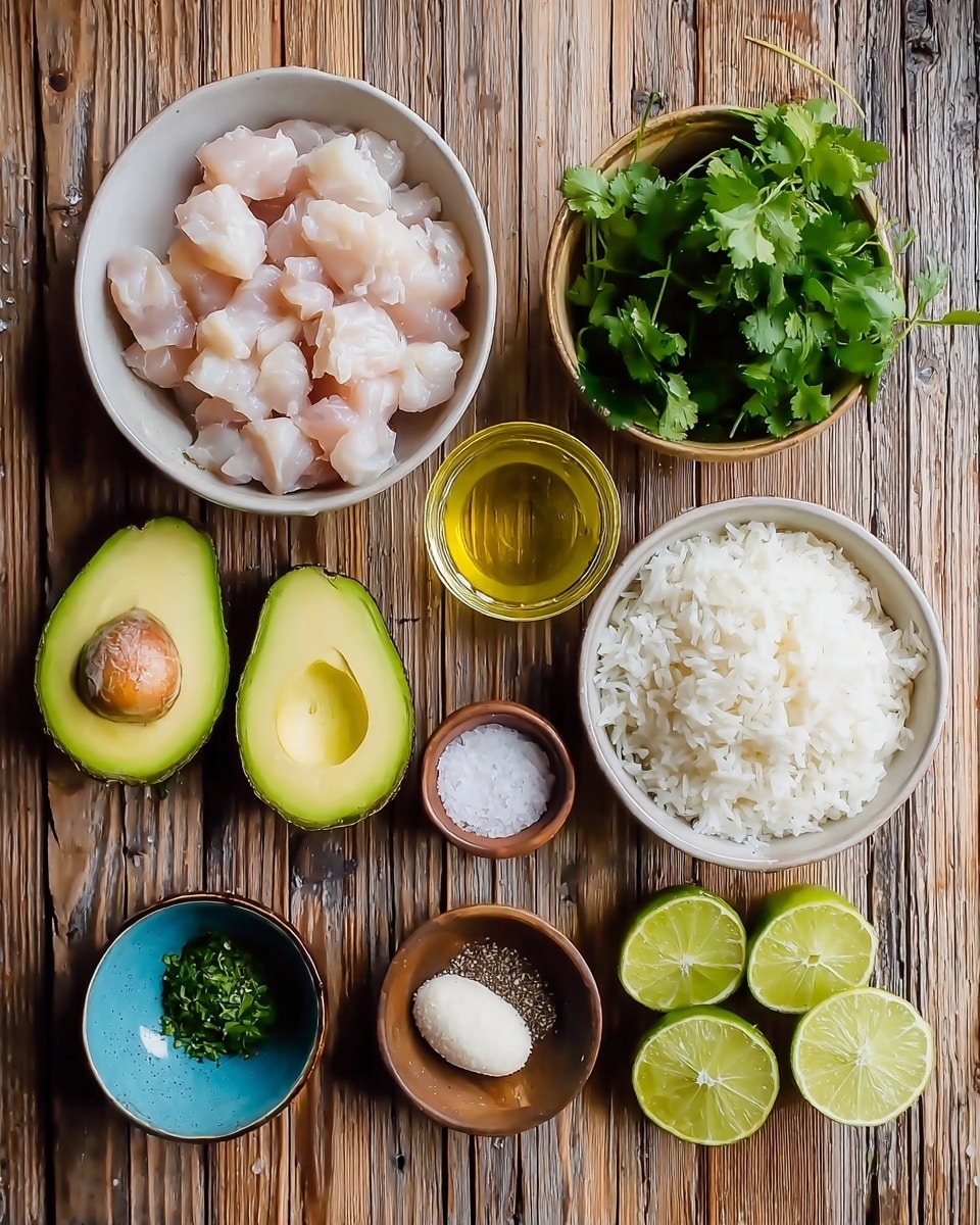 The image shows a wooden table with several ingredients arranged neatly. On the left, there is a white bowl filled with small pieces of raw chicken. To the right of this bowl, there are two avocado halves, one with the seed still inside and the other without. Above the avocados is a small clear glass bowl with golden oil. To the right of the oil, there is a bunch of fresh green cilantro next to a small brown bowl containing salt. On the far right, there are two white bowls filled with cooked white rice, one bowl larger than the other. At the bottom right corner, four lime halves with bright green skin and juicy interiors are arranged. In the bottom left corner, a small blue bowl with herbs and salt is next to a whole garlic bulb. Everything is placed on a wooden surface with a natural texture. Photo taken with an iphone --ar 4:5 --v 7