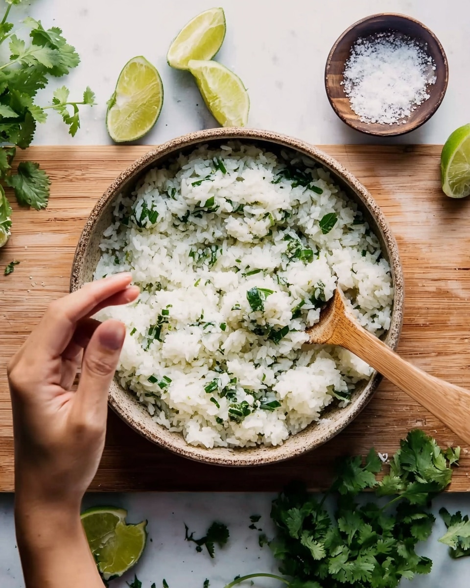 A round bowl filled with white rice mixed with chopped green herbs sits on a white marbled surface. A wooden spoon is placed inside the bowl, stirring the rice. A woman's hand is visible on the left side, pinching or sprinkling something above the rice. Around the bowl, there are fresh lime wedges, green cilantro leaves, and a small bowl of white salt. The overall scene is bright and fresh with natural light. photo taken with an iphone --ar 4:5 --v 7