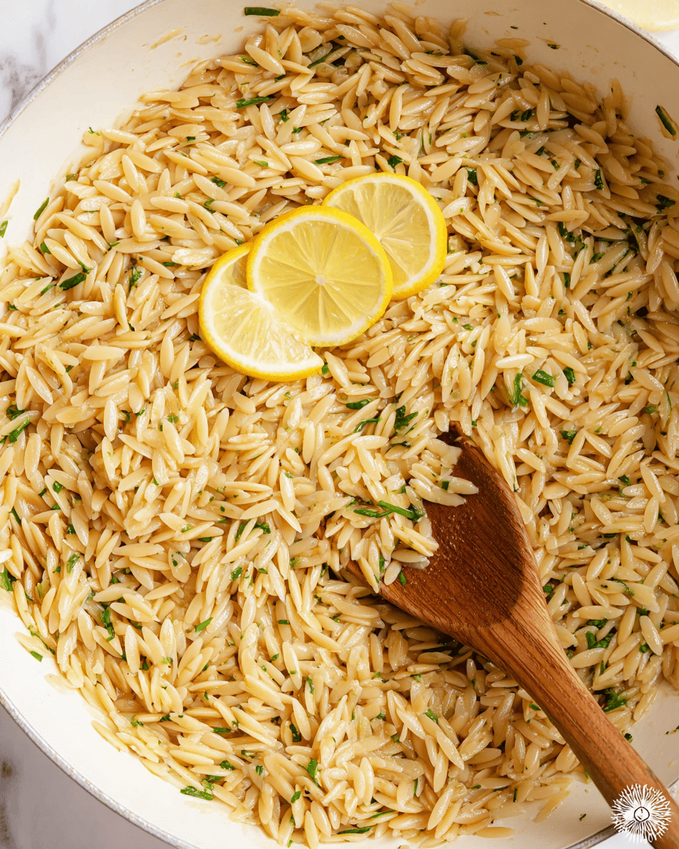 A close-up view of a white pan filled with cooked orzo pasta that is light golden brown with small green herb pieces mixed throughout. Two thin lemon slices rest on top near the center, adding a bright yellow color contrast. A wooden spoon lies inside the pan on the right side, partly covered by the pasta, showing some orzo resting on it. The pasta grains have a shiny texture, and the background surface visible around the pan has a white marbled texture. photo taken with an iphone --ar 4:5 --v 7