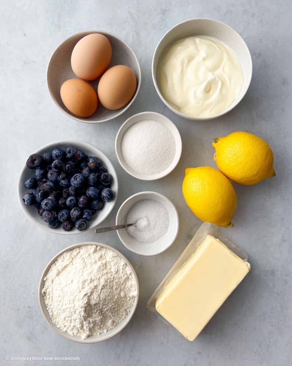 The image shows cooking ingredients arranged on a white marbled surface: starting from the top left, there are three brown eggs grouped closely, next to a small white bowl filled with thick white yogurt. On the right side are two whole bright yellow lemons close to each other. Below the lemons is a small white bowl filled with granulated white sugar, and near it is another brown egg. On the left side near the middle is a small white bowl filled with fresh dark blue blueberries. Below the blueberries is a white bowl with powdery white flour and next to it on the left is a small metal spoon with white salt. Below the three eggs is a light yellow stick of butter, and at the bottom right is a block of cream cheese or a similar white soft cheese. All items are neatly spaced and captured from above. Photo taken with an iphone --ar 4:5 --v 7