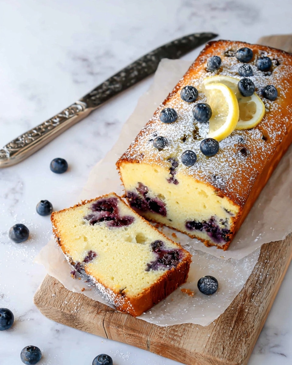 The image shows a loaf cake with two layers. The top layer is golden brown with a slightly crispy texture and scattered blueberries and a small lemon slice dusted with powdered sugar. The inside layer is light yellow with a soft and moist texture that has whole blueberries spread evenly throughout. One slice is cut and placed next to the loaf on a piece of parchment paper on a wooden board. Blueberries are scattered around the board on a white marbled surface. There is also a silver knife with an ornate handle resting above the cake. Photo taken with an iphone --ar 4:5 --v 7