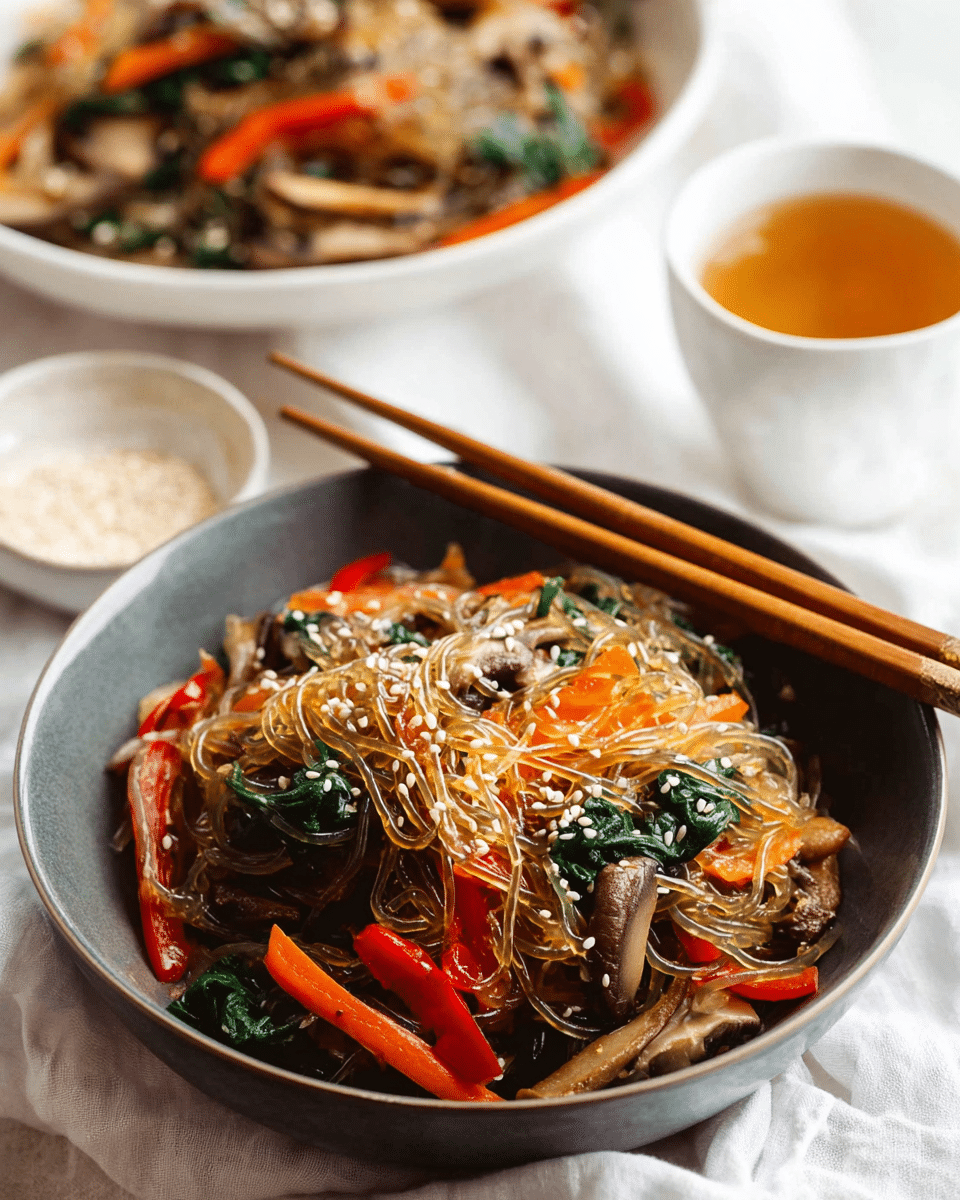 A close-up view of a bowl filled with clear, shiny glass noodles mixed with thin slices of light brown mushrooms, bright orange carrot strips, dark green spinach leaves, and small pieces of red bell pepper. The noodles and vegetables are mixed evenly and sprinkled with white sesame seeds on top. The bowl is dark, placed on a soft white cloth over a white marbled surface. Resting on the bowl are light brown wooden chopsticks. Behind it, a second white bowl is blurred but also filled with the same noodle dish. In the foreground, there is a small white cup with light brown tea and a small white dish holding more white sesame seeds. photo taken with an iphone --ar 4:5 --v 7