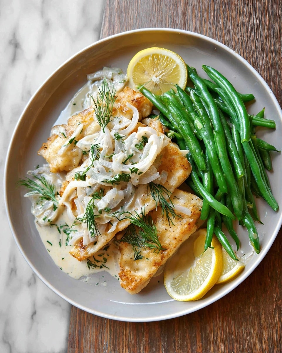 This dish shows three pieces of golden brown fish fillets layered slightly on a round white plate. On top of the fish, there is a creamy white sauce with thin, light-colored onion slices and small green dill leaves scattered throughout. On the right side of the plate, there is a bunch of bright green cooked green beans piled up, slightly overlapping the fish. Two yellow lemon wedges sit at the bottom left and bottom right edges of the plate. The plate is placed on a white marbled surface. photo taken with an iphone --ar 4:5 --v 7