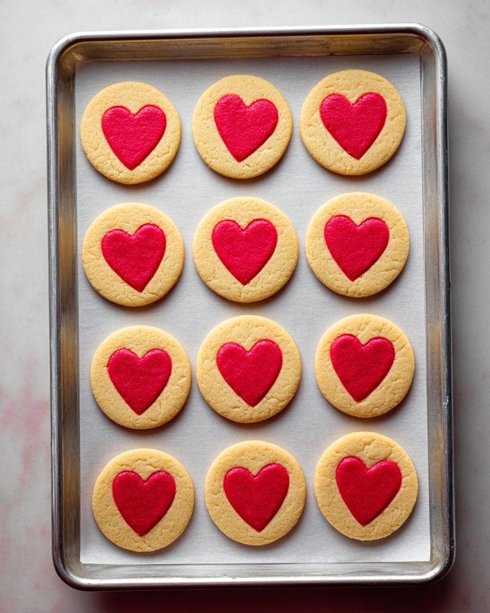 Twelve round cookies with a light golden color are evenly placed on a metal baking tray lined with white parchment paper. Each cookie has a bright red heart shape in the center, smooth and clearly defined against the pale cookie background. The baking tray rests on a white marbled surface, and the overall scene shows a neat arrangement with bright, warm tones. photo taken with an iphone --ar 4:5 --v 7