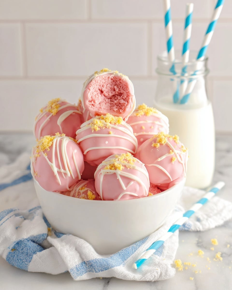 A white bowl is full of pink cake balls, each coated in a smooth pink layer with white icing drizzled on top. Some cake balls are sprinkled with light yellow crumbs, adding texture to the surface. One cake ball near the top is broken open, showing a soft, crumbly pink inside. The bowl sits on a white cloth with blue stripes, placed on a white marbled surface. Behind the bowl is a clear glass bottle filled with milk and two blue and white striped paper straws. The background is a white tiled wall with soft lighting. Photo taken with an iphone --ar 4:5 --v 7