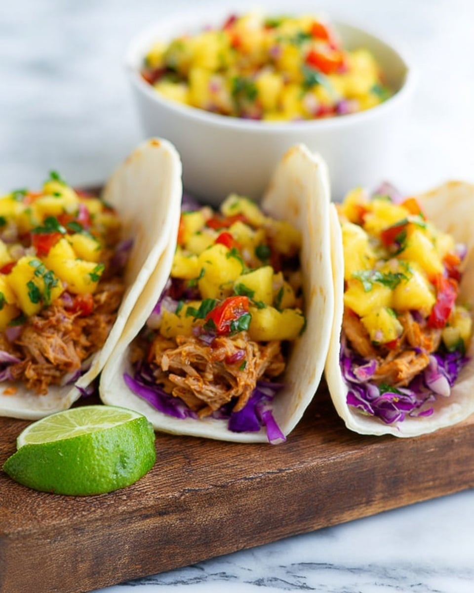 Two soft white corn tortillas are laid flat on a wooden board with a white marbled background. Each tortilla holds a bottom layer of finely shredded purple cabbage, topped with a layer of orange shredded chicken. Drizzled lightly over the chicken is a pale green creamy sauce. On top of the sauce, there is a small mound of bright yellow pineapple salsa mixed with small diced red pepper and chopped green herbs. In the background, a small bowl of the same pineapple salsa sits, white in color, along with lime wedges and sprigs of green herbs scattered around. Photo taken with an iphone --ar 4:5 --v 7