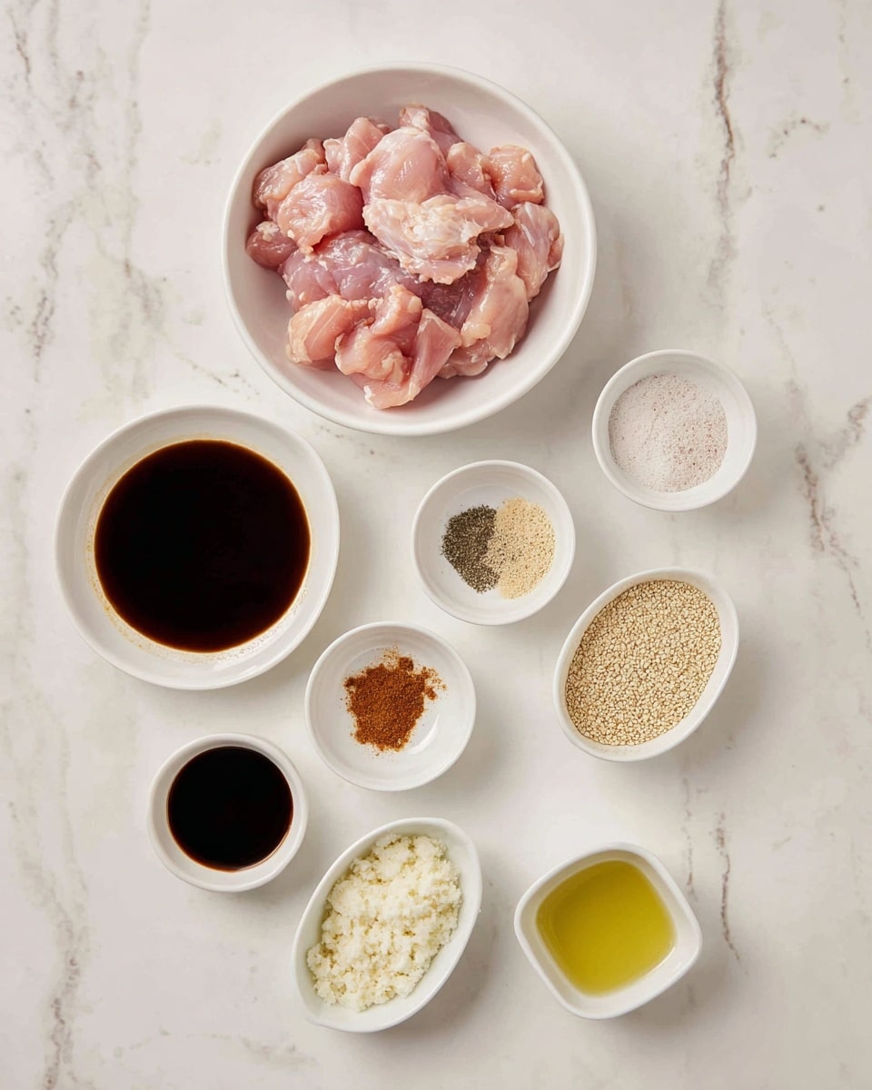 The image shows raw pink chicken pieces placed in a white bowl at the top center. Surrounding the bowl are small white dishes filled with various ingredients: dark brown liquid sauces, ground spices in light brown and beige, light yellow oil, white powdered starch, minced garlic, pale beige sesame seeds, and a small amount of salt and pepper mix, all arranged neatly on a white marbled surface. Each ingredient is clearly separated, creating a clean and organized layout. Photo taken with an iphone --ar 4:5 --v 7