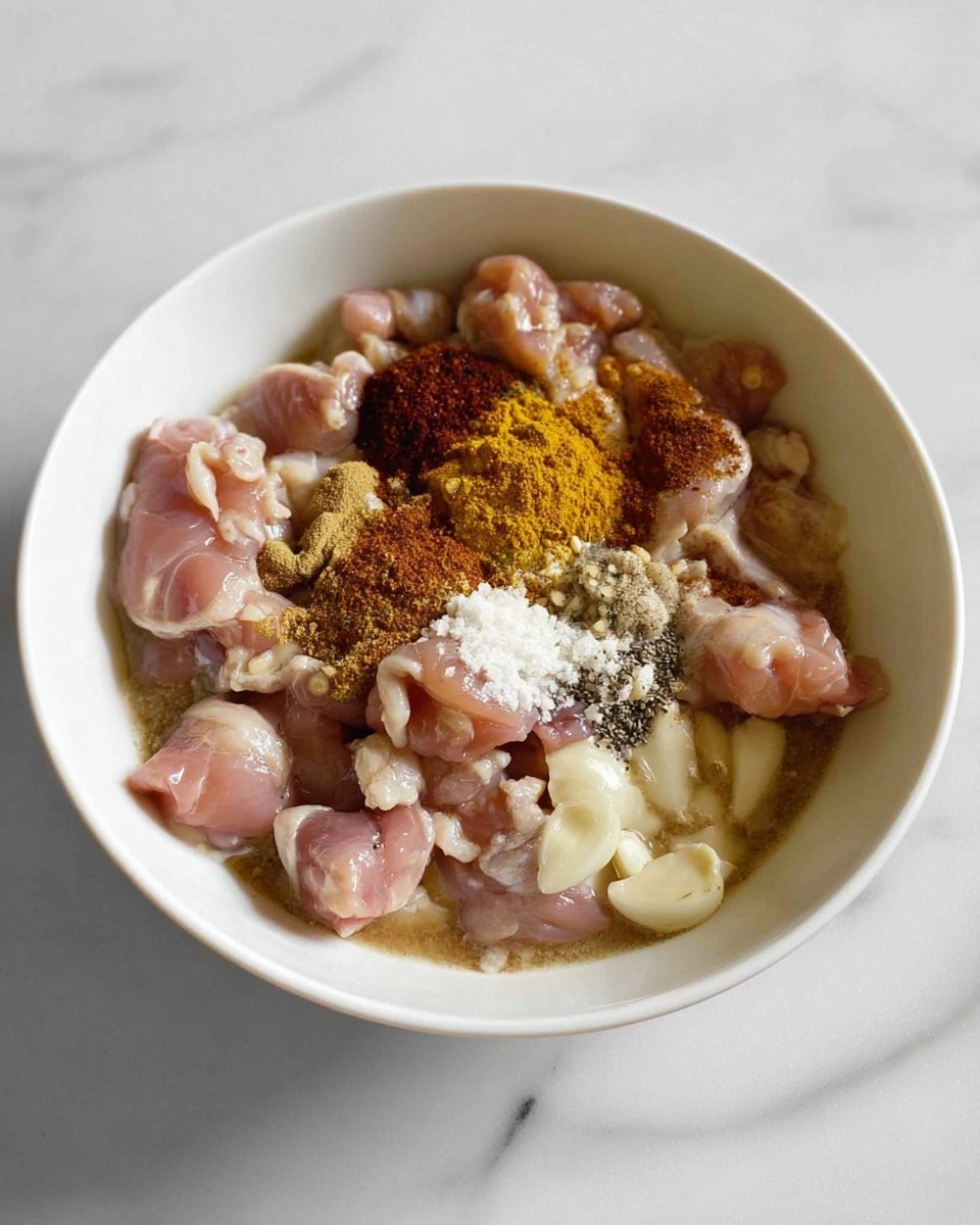 In the white bowl placed on a white marbled surface, there are many small pieces of raw chicken that are light pink in color and spread across the bowl. Mixed in with the chicken are different spices and sauces, forming several small piles: a bright yellow spice mound, a dark brown-red spice pile, a sprinkle of white granules, some black pepper powder, and finely chopped pale yellow garlic. There is also a creamy white liquid soaking parts of the chicken and a bit of a brownish sauce on one side, creating a mix of shiny and smooth textures that contrast with the soft meat pieces. photo taken with an iphone --ar 4:5 --v 7