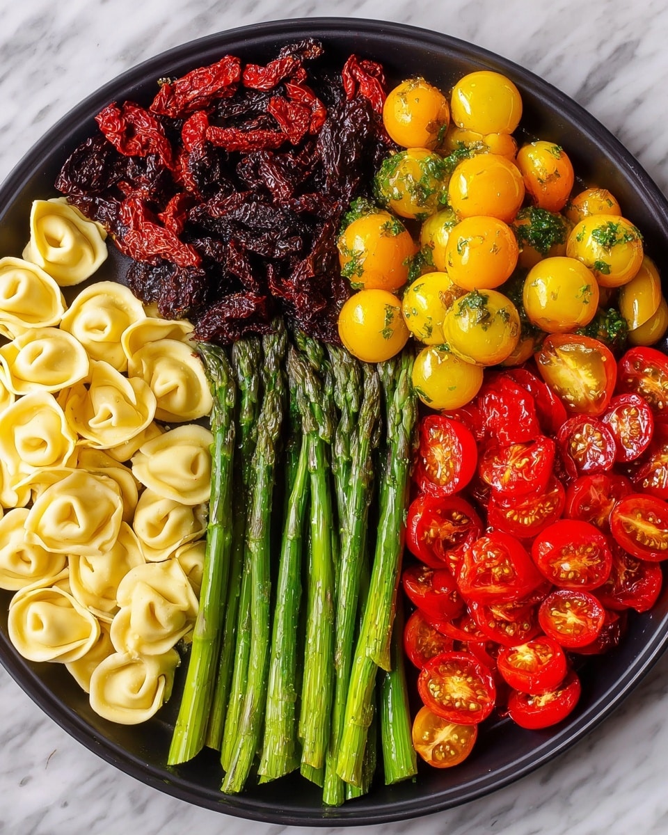 A large round black tray holds an arrangement of five sections of fresh food, each neatly grouped. Starting from the left is a pale yellow layer of tortellini with a smooth, folded texture. Above that, a deep dark red layer of sun-dried tomatoes, wrinkled and rich in color. To the right of the sun-dried tomatoes is a bright yellow layer of halved cherry tomatoes with shiny, juicy interiors. Below this, a vivid red layer of halved cherry tomatoes, glossy with visible seeds and pulp. At the bottom center is a green layer of whole asparagus spears, fresh and smooth with some light markings. The tray sits on a white marbled surface. photo taken with an iphone --ar 4:5 --v 7