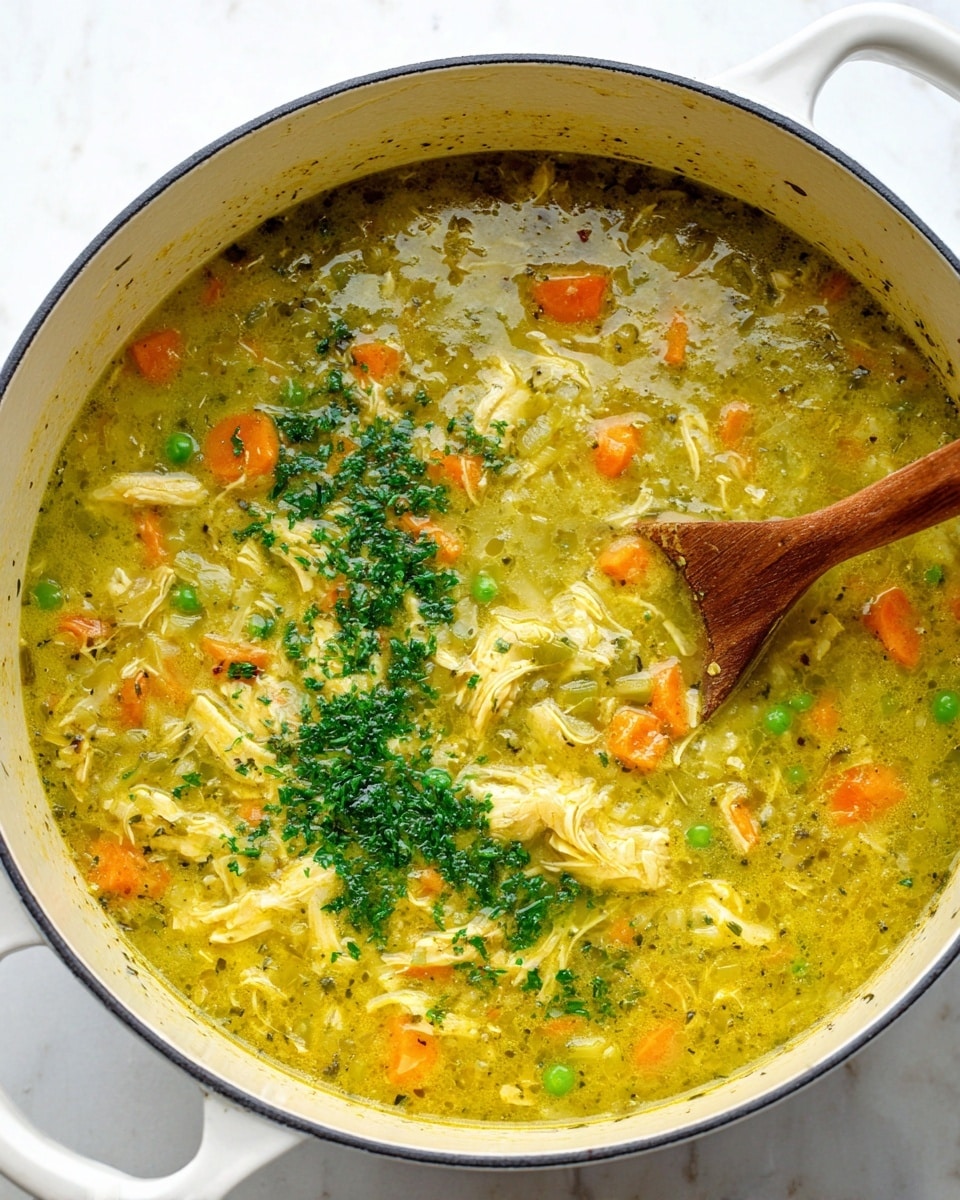 The image shows a white pot filled with a thick soup. The soup has a yellow-green color with visible chunks of orange carrots, green peas, and pieces of light yellow chicken spread throughout. There is a layer of finely chopped green herbs sprinkled on the surface. A wooden spoon is partly dipped into the soup from the right side. The pot sits on a white marbled surface. photo taken with an iphone --ar 4:5 --v 7