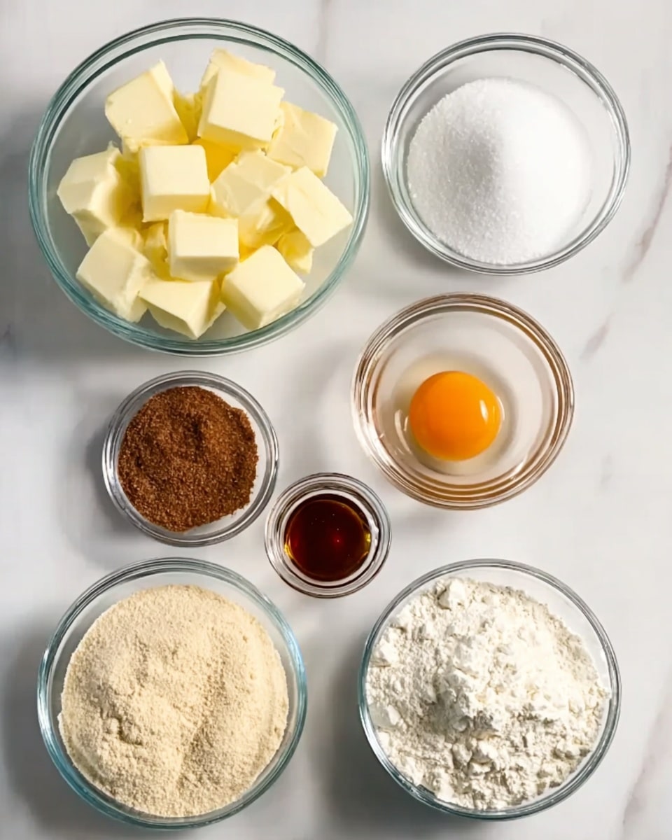 The image shows six clear glass bowls arranged on a white marbled surface with different baking ingredients. The largest bowl holds pale yellow cubes of butter, positioned near the top left. To its right, there is a small bowl with white granulated sugar and next to it a bowl with a raw egg displaying a bright orange yolk and clear egg white. Below, a medium-sized bowl contains white flour mixed with small piles of other dry ingredients like cocoa powder and baking powder, creating textured white and brown shapes. To the left of this bowl, a smaller bowl is filled with light brown sugar which looks soft and slightly clumped. Above the brown sugar bowl, a tiny bowl holds a dark amber liquid, likely vanilla extract. The overall look is neat and clean with each ingredient clearly visible. Photo taken with an iphone --ar 4:5 --v 7