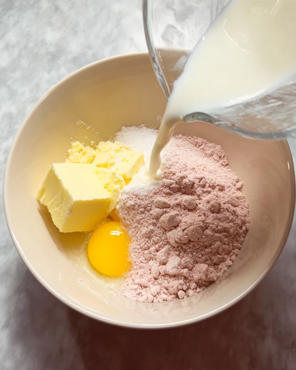 A white bowl sits on a white marbled surface filled with four main layers of ingredients: on the left, a yellow block of butter next to a yellow raw egg yolk, a foamy white liquid being poured in from a glass cup above into the bowl near the butter, and a large amount of light pink powdered mix filling the right side of the bowl. The textures contrast from soft and smooth butter and egg to the powdery pink mix and foamy liquid, all inside the bowl ready to be mixed. Photo taken with an iphone --ar 4:5 --v 7