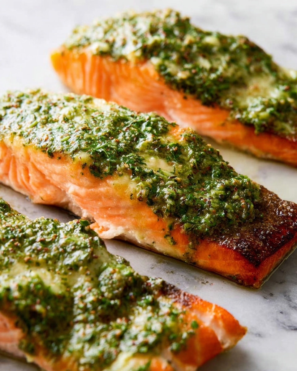 The image shows three pieces of cooked salmon fillets placed on a white marbled surface. Each fillet is topped with a thick green herb sauce with visible small bits of herbs and seasoning, giving a textured appearance. The salmon flesh under the sauce is bright orange and looks moist and tender, while the skin side underneath is darker and slightly crisp. The fillets are arranged close to each other in a staggered manner, filling the frame with a clear focus on the front piece. The overall lighting is bright and natural, highlighting the fresh and appealing colors of the dish photo taken with an iphone --ar 4:5 --v 7